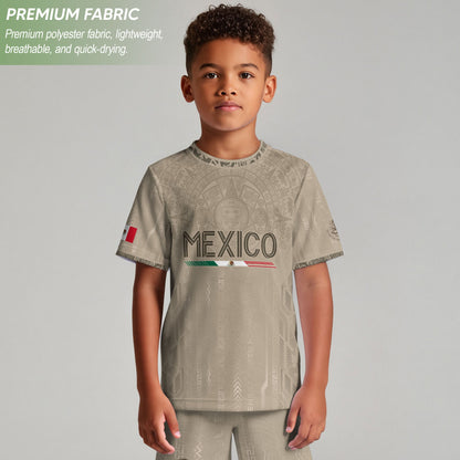 Mexico Soccer Jersey Kid Youth Aztec Calendar Beige Football Shirt Set