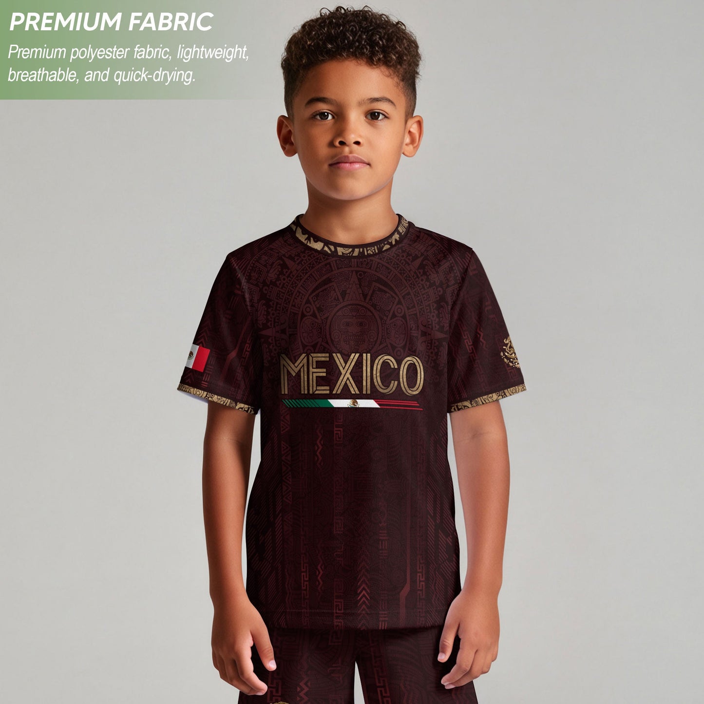 Mexico Soccer Jersey Kid Youth Aztec Calendar Maroon Football Shirt