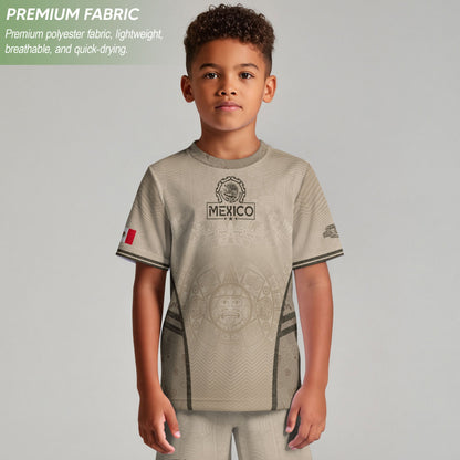 Mexico Kids Soccer Jersey Youth Beige Cream Aztec Calendar Eagle Heritage Football Shirt