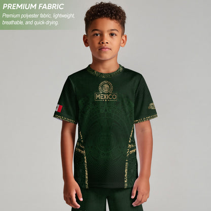 Mexico Kids Soccer Jersey Youth Green Gold Aztec Calendar Eagle Heritage Football Shirt