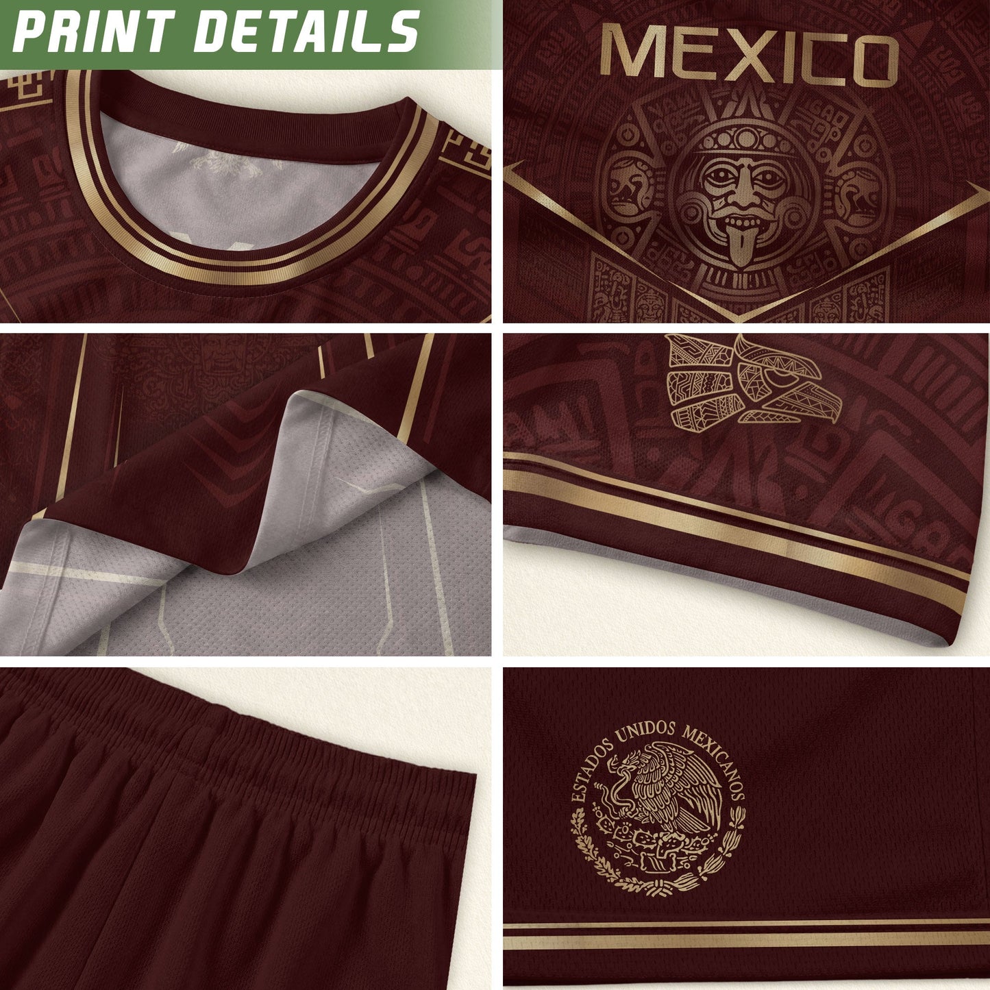 Mexico Soccer Jersey Men Maroon Aztec Pattern Football Shirt Classic Fan Wear