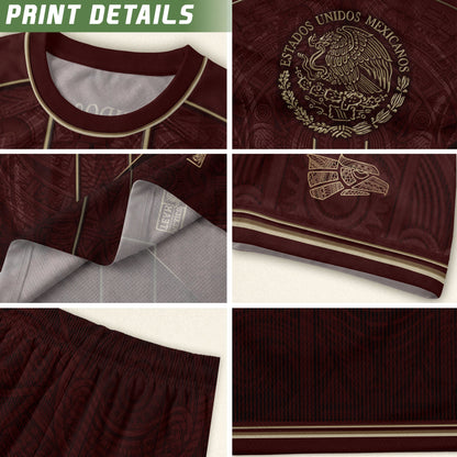 Mexico Soccer Jersey Men Maroon Gold Heritage Football Shirt Aztec Style Top