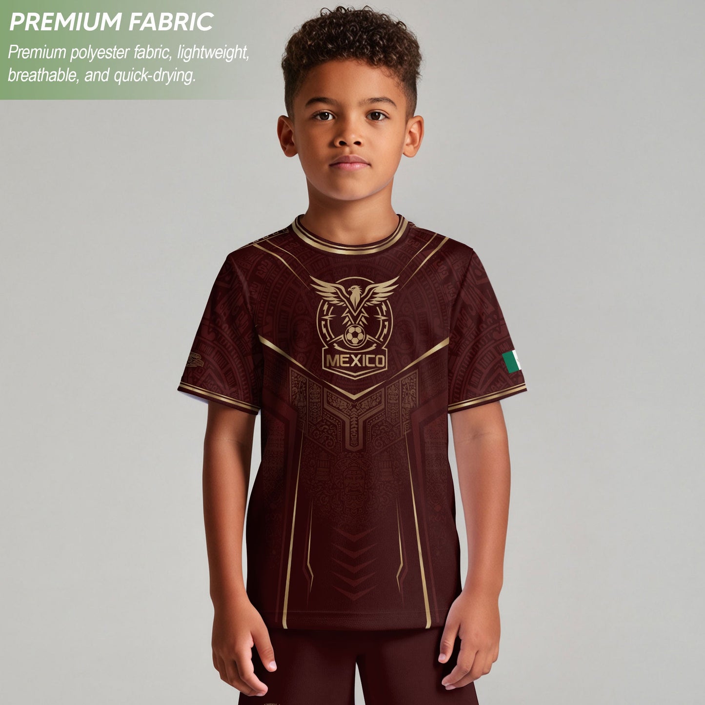 Retro Football Fan Apparel for Youth Mexico Soccer Jersey with Maroon Gold Eagle Design