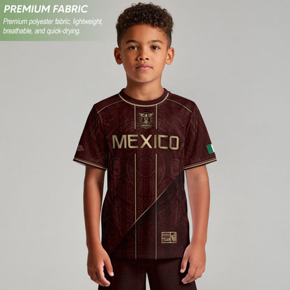 Mexico Football Fan Shirt with Maroon Gold Heritage Aztec Design, Retro Soccer Jersey Youth