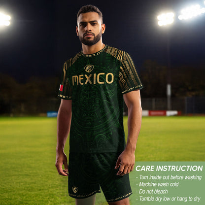 Mexico Heritage Orgullo Mexicano Green Gold Aztec Calendar Sun Stone Soccer Jersey