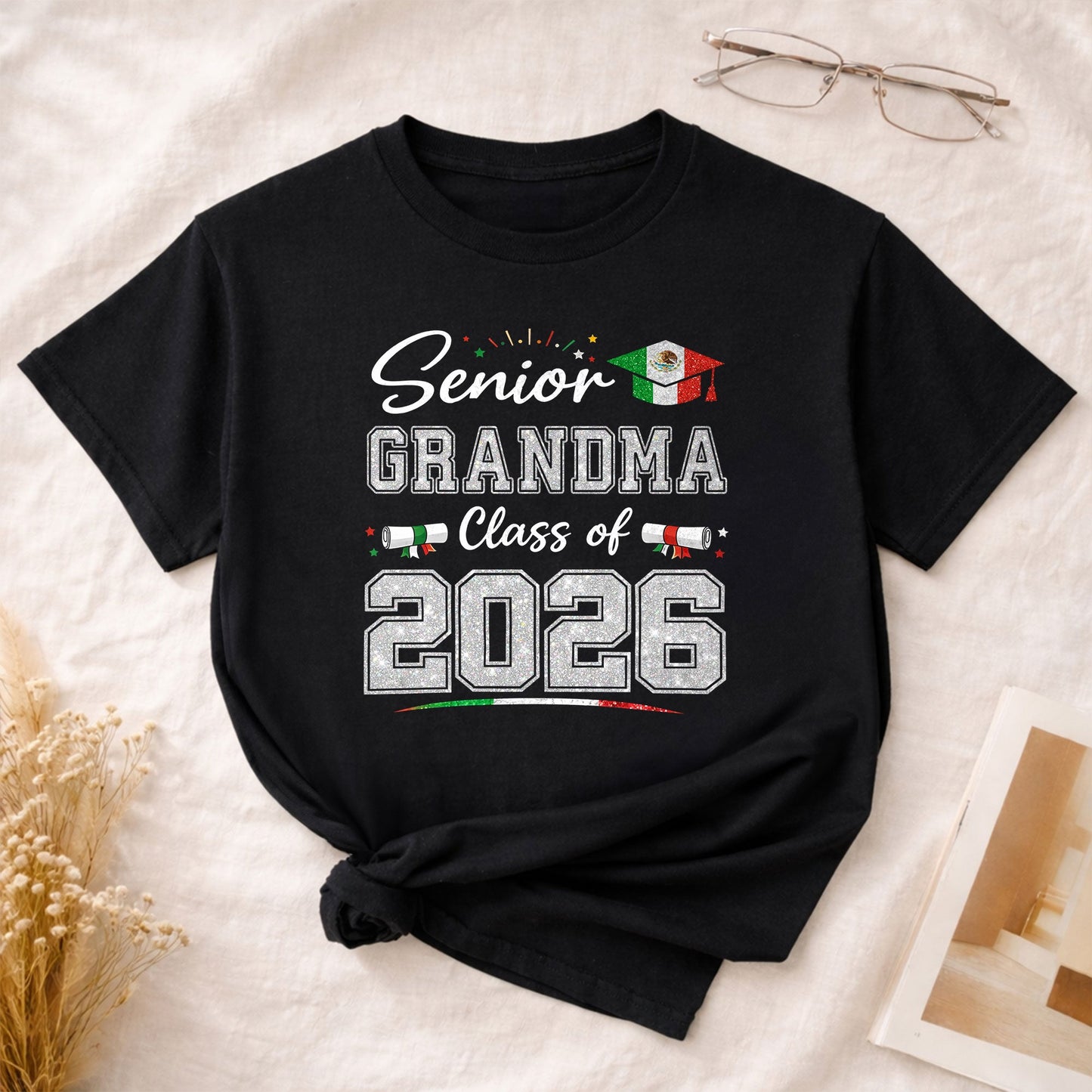 Senior Family 2026 Mexico Flag Shirt - Proud Mexican Graduate Silver Glitter Tee