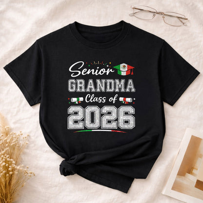 Senior Family 2026 Mexico Flag Shirt - Proud Mexican Graduate Silver Glitter Tee