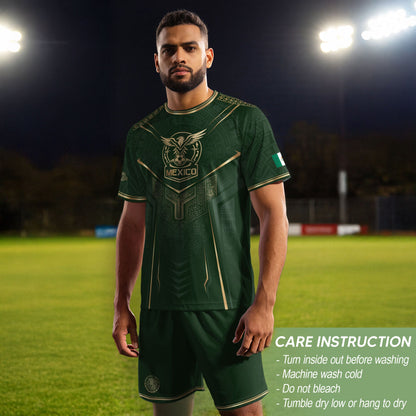 Mexico Soccer Jersey Men Aztec Warrior Green Gold Football Shirt Fan Edition Tee