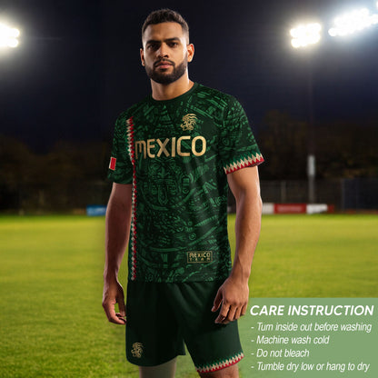 Mexico Soccer Jersey Green Gold Aztec Sun Stone - Mexico National Team Fan Heritage Shirt