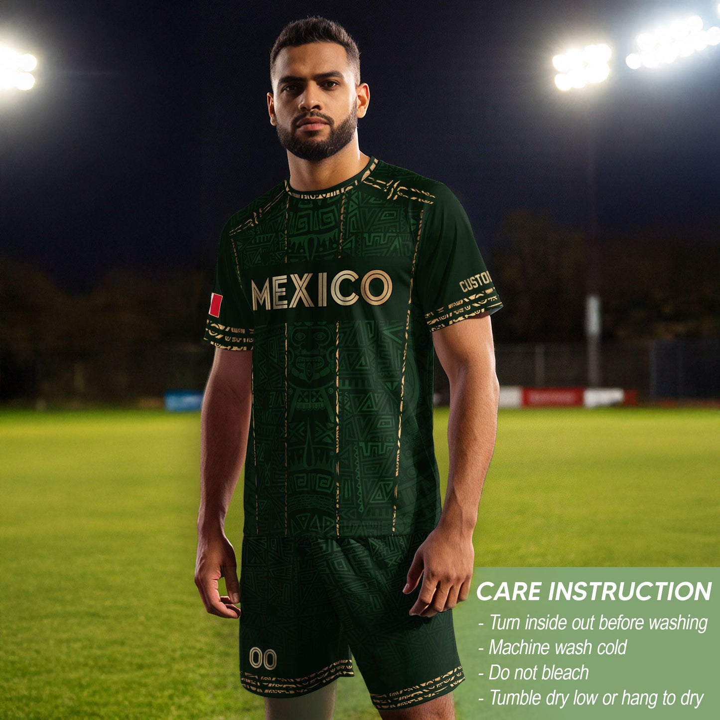 Mexico Soccer Jersey Custom Name - Green Aztec Heritage Pattern Tribal Football Shirt