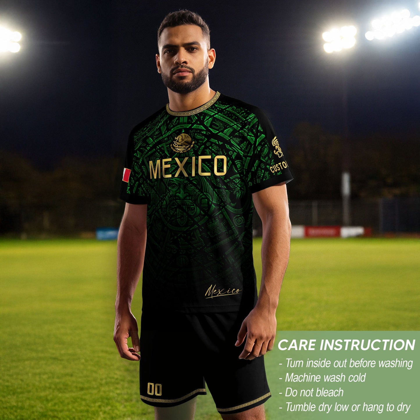 Custom Mexico Soccer Jersey – Green Aztec Calendar Pattern Black Football Shirt