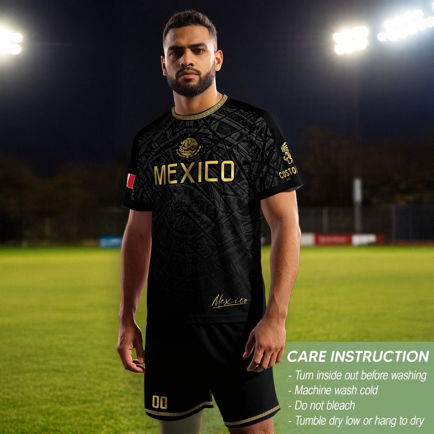 Custom Mexico Soccer Jersey – Black Aztec Heritage Pattern Personalized Football Shirt