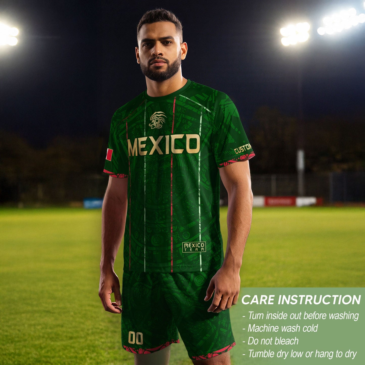 Custom Mexico Soccer Jersey – Green Aztec Pattern Striped Football Shirt with Custom Name Number