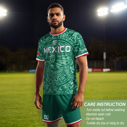 Mexico Soccer Jersey Custom Name - Green Aztec Calendar & Eagle Heritage Football Shirt
