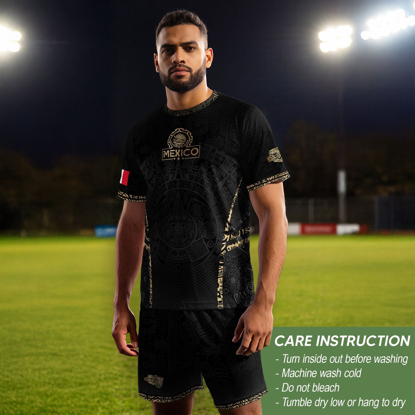 Mexico Soccer Jersey Aztec Sun Calendar Black Gold Football Shirt for Fans