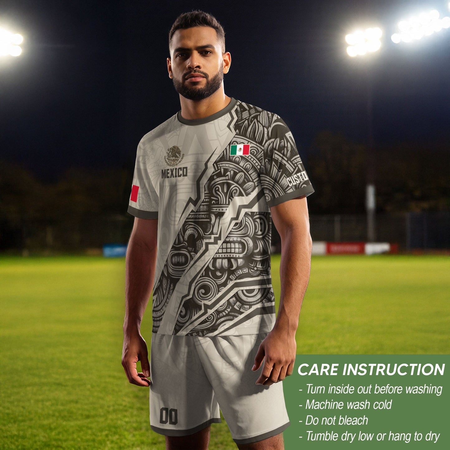 Custom Beige Mexico Soccer Jersey Aztec Eagle Heritage Gold Trim Mexican Football Shirt