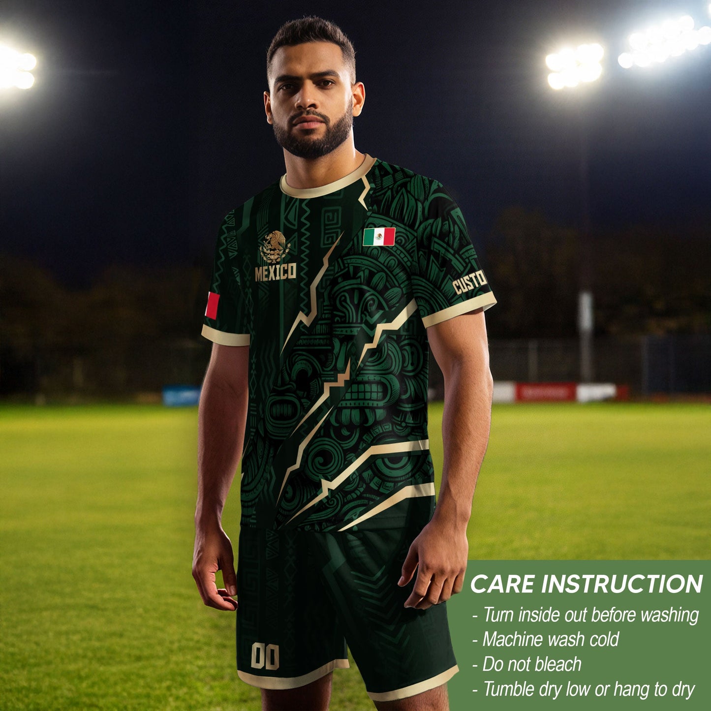 Custom Mexico Aztec Eagle Jersey Green Gold Mexican Pride Heritage Football Soccer Shirt