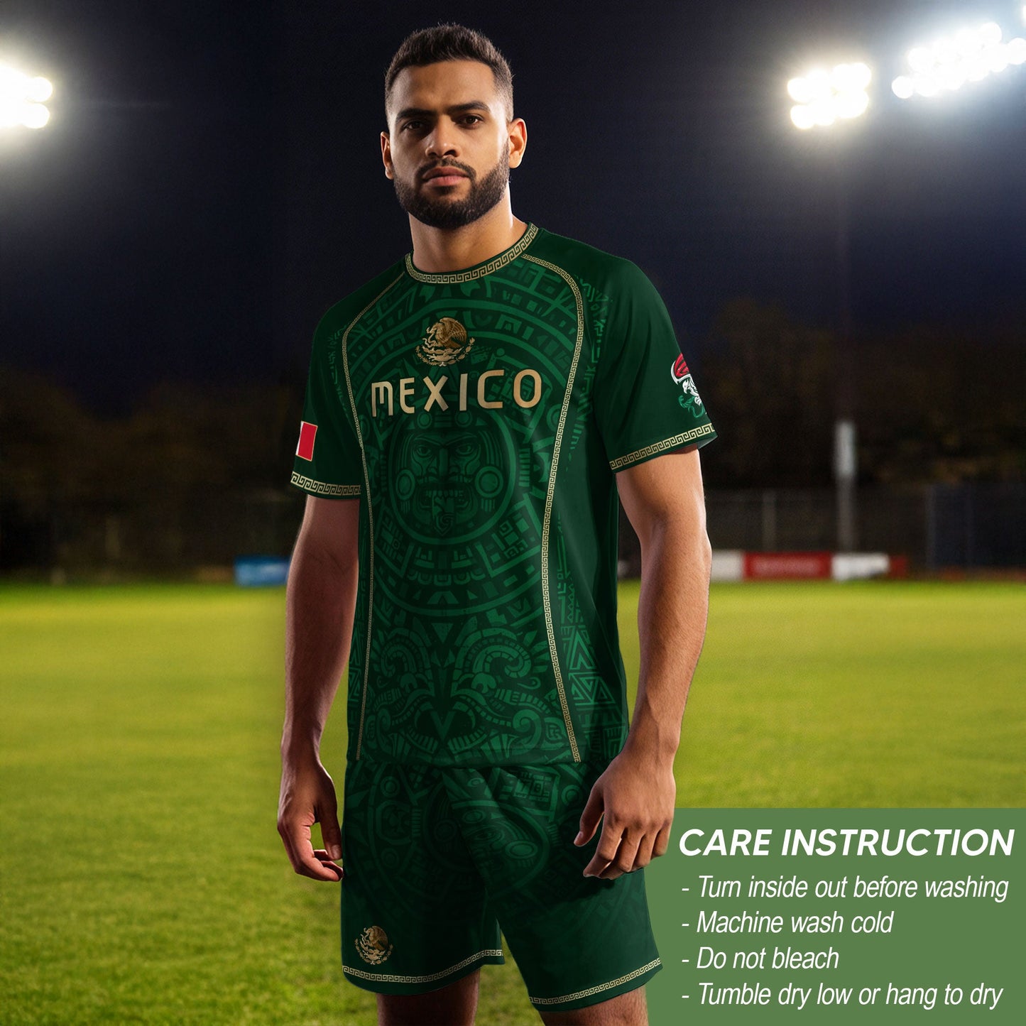 Green Mexico Soccer Jersey Aztec Sun Calendar Mexican Football Shirt for Fans