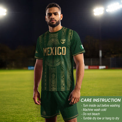 Mexico Soccer Jersey Men Green Gold Aztec Sun Stone Mexican Football Shirt