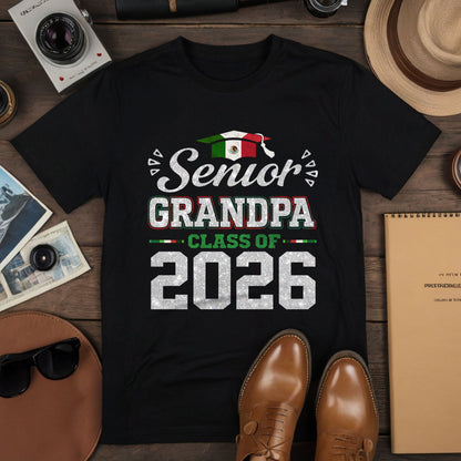 Senior Family 2026 Mexico Flag Varsity Shirt - Proud Mexican Silver Glitter Graduation Tee..