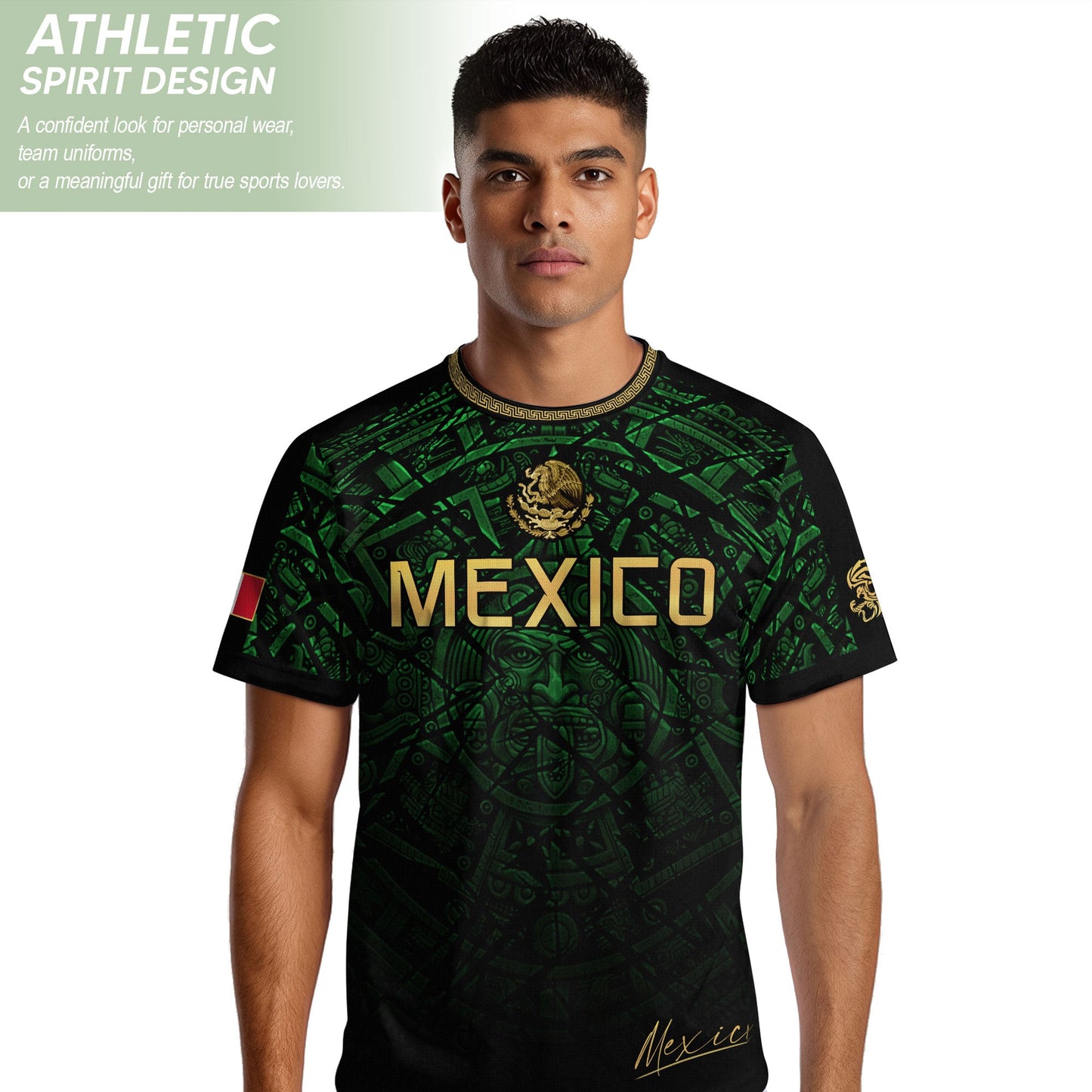 Mexico Soccer Jersey Green Black Aztec Sun Stone - Mexico Fan Heritage Style Shirt