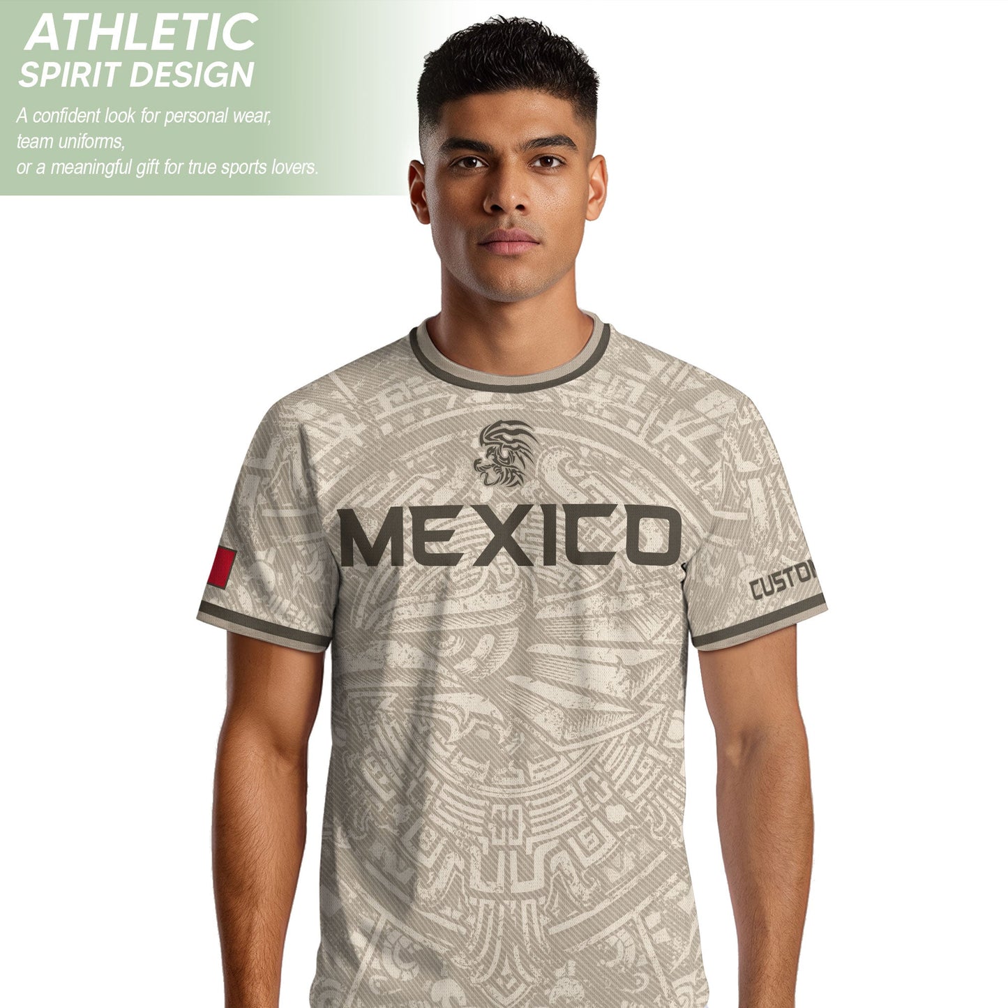 Custom Mexico Soccer Jersey Beige Aztec Calendar & Quetzalcoatl Heritage Fan Shirt