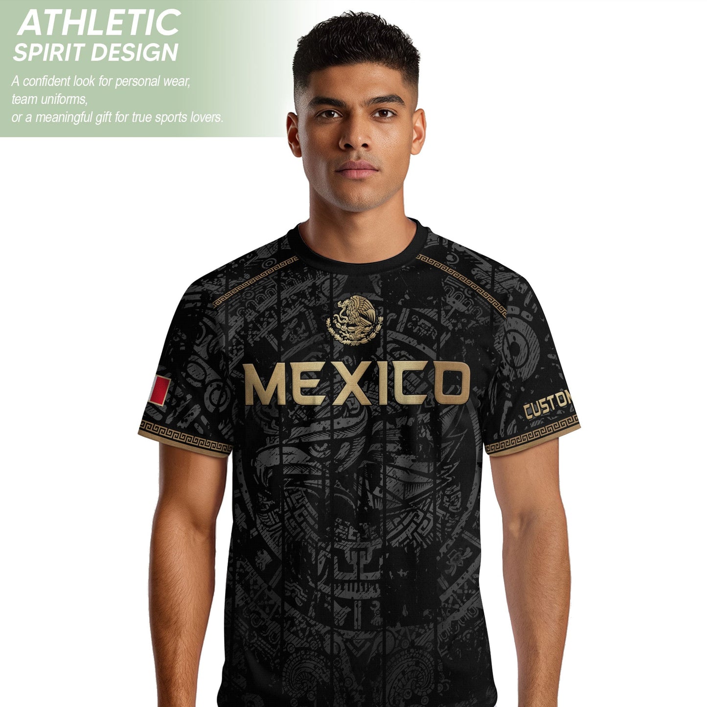 Mexico Soccer Jersey Custom Name - Black Gold Aztec Calendar Heritage Football Shirt