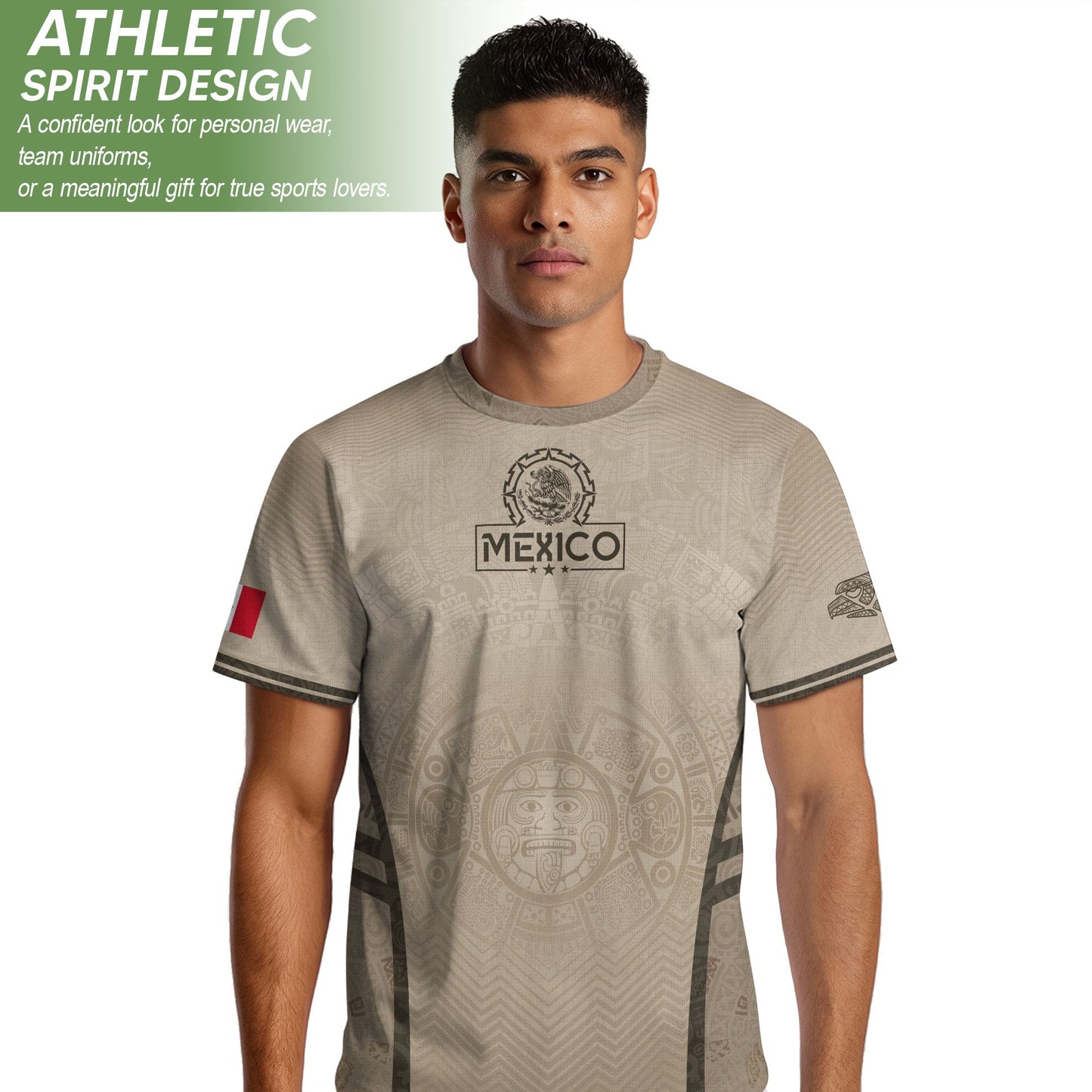 Mexico Soccer Jersey Aztec Eagle Sun Calendar Beige Tan Football Shirt for Fans