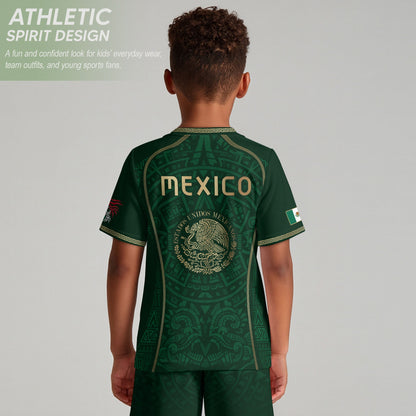 Mexico Kids Soccer Jersey Green Aztec Calendar Gold Youth Football Shirt Toddler Kit