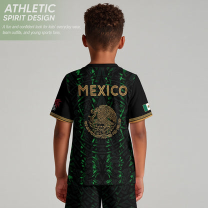 Mexico Kids Soccer Jersey Black Green Aztec Calendar Gold Youth Football Shirt