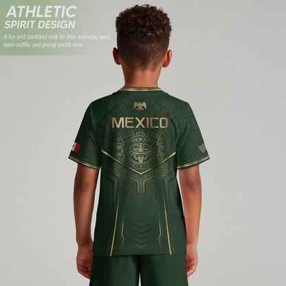 Mexico Soccer Jersey Youth Green Gold Eagle Shield Warrior Culture Print Football Shirt