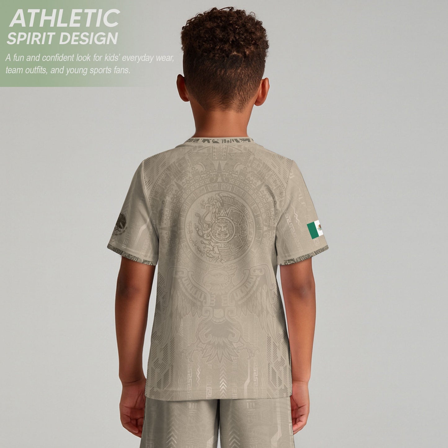 Mexico Soccer Jersey Kid Youth Aztec Calendar Beige Football Shirt Set