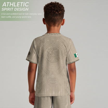 Mexico Soccer Jersey Kid Youth Aztec Calendar Beige Football Shirt Set