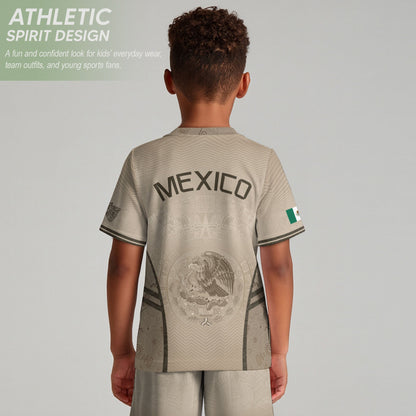 Mexico Kids Soccer Jersey Youth Beige Cream Aztec Calendar Eagle Heritage Football Shirt