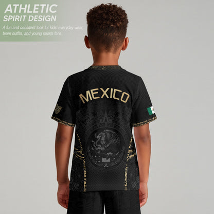 Mexico Kids Soccer Jersey Youth Black Gold Aztec Calendar Eagle Heritage Football Shirt