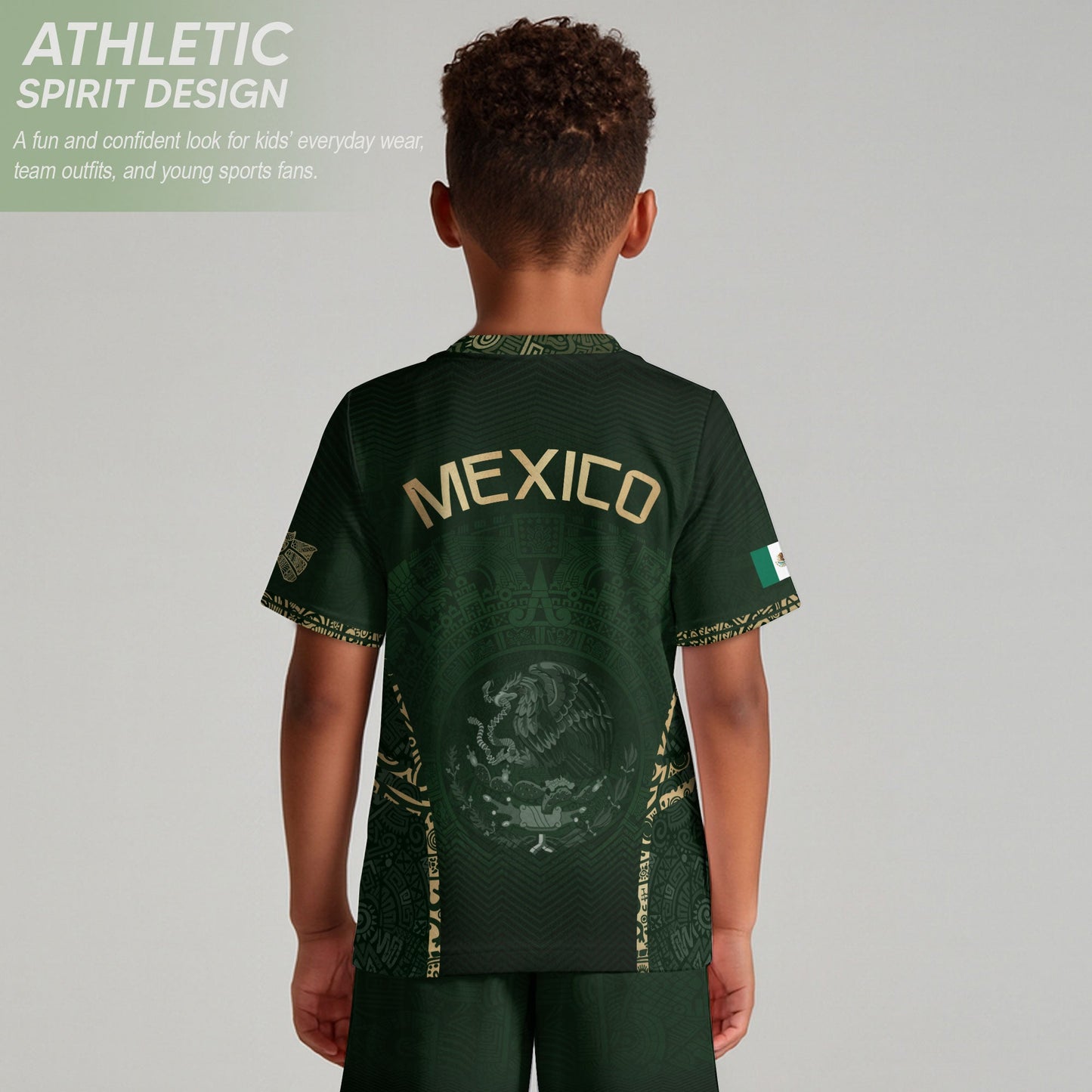 Mexico Kids Soccer Jersey Youth Green Gold Aztec Calendar Eagle Heritage Football Shirt