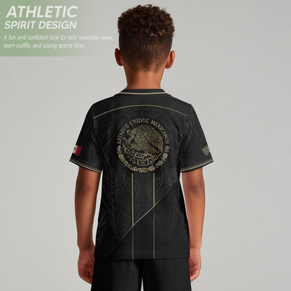 Mexico Youth Football Kit Black Gold Aztec Design Kids Soccer Uniform Elite Sportswear Top