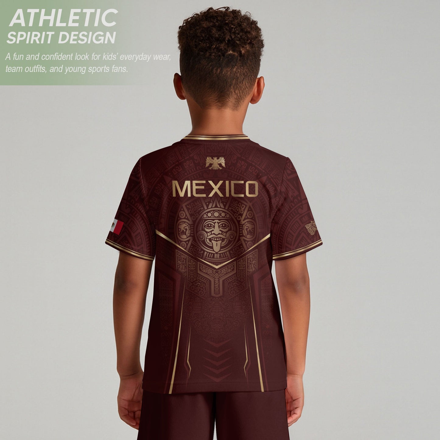 Retro Football Fan Apparel for Youth Mexico Soccer Jersey with Maroon Gold Eagle Design