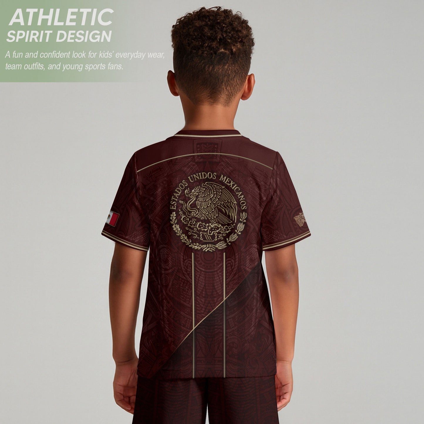 Mexico Football Fan Shirt with Maroon Gold Heritage Aztec Design, Retro Soccer Jersey Youth