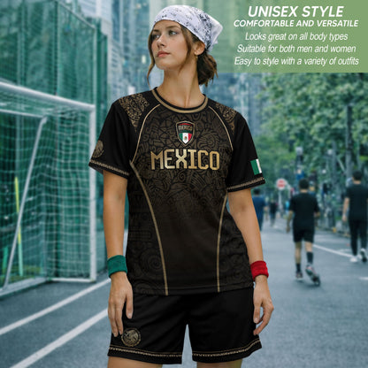 Mexico Heritage Black Tan Arch Design Aztec Empire Pride Graphic Soccer Jersey