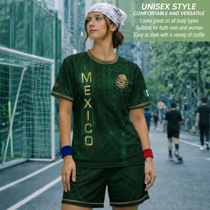 Mexico Heritage Orgullo Mexicano Green Gold Detailed Country Map Aztec Calendar Soccer Jersey