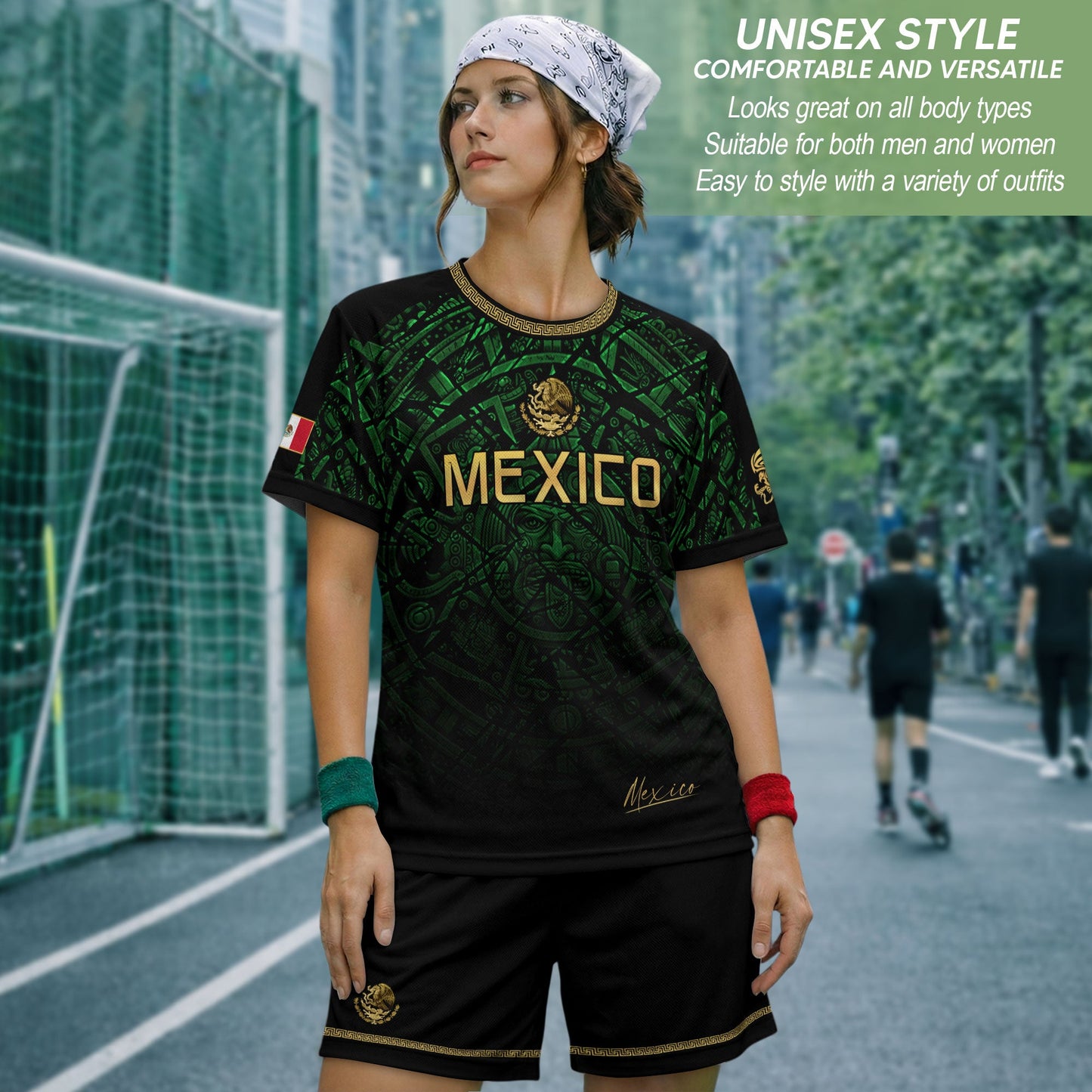 Mexico Soccer Jersey Green Black Aztec Sun Stone - Mexico Fan Heritage Style Shirt