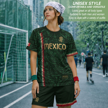 Mexico Soccer Jersey Green Gold Aztec Sun Stone - Mexico National Team Fan Heritage Shirt