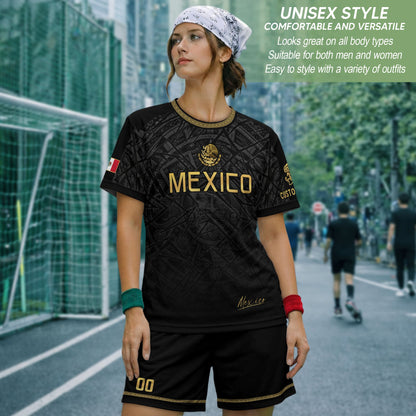 Custom Mexico Soccer Jersey – Black Aztec Heritage Pattern Personalized Football Shirt