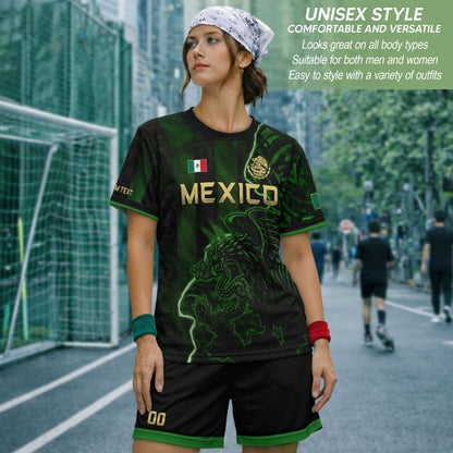 Custom Mexico Soccer Jersey – Black Green Aztec Serpent Lightning Football Shirt