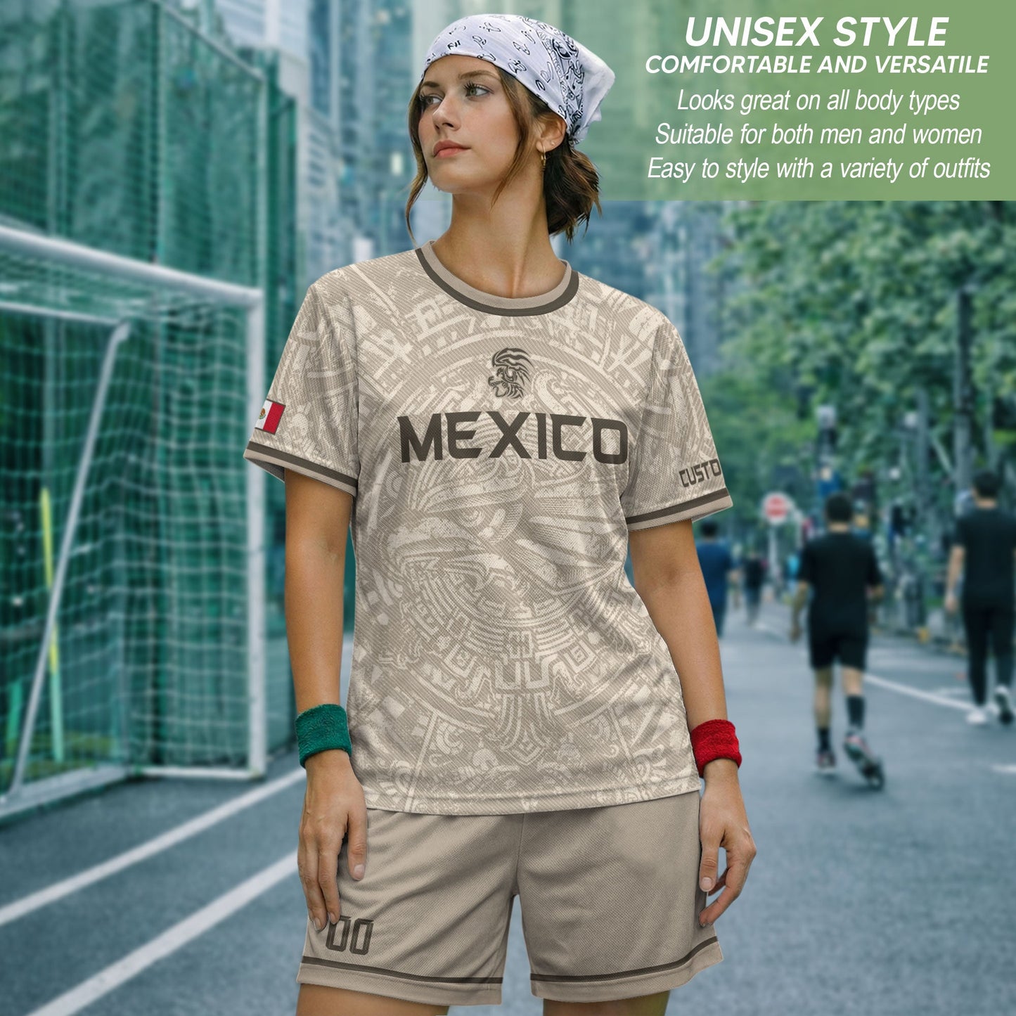 Custom Mexico Soccer Jersey Beige Aztec Calendar & Quetzalcoatl Heritage Fan Shirt