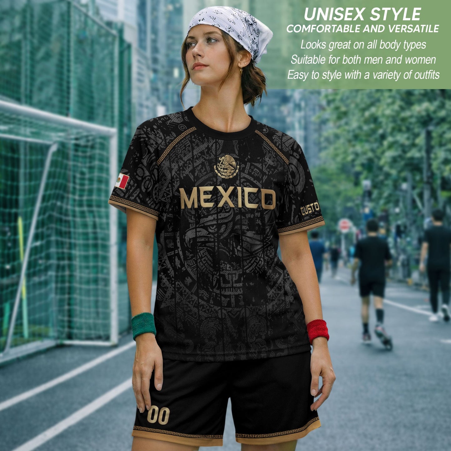 Mexico Soccer Jersey Custom Name - Black Gold Aztec Calendar Heritage Football Shirt