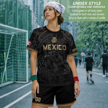 Mexico Soccer Jersey Custom Name - Black Gold Aztec Calendar Heritage Football Shirt