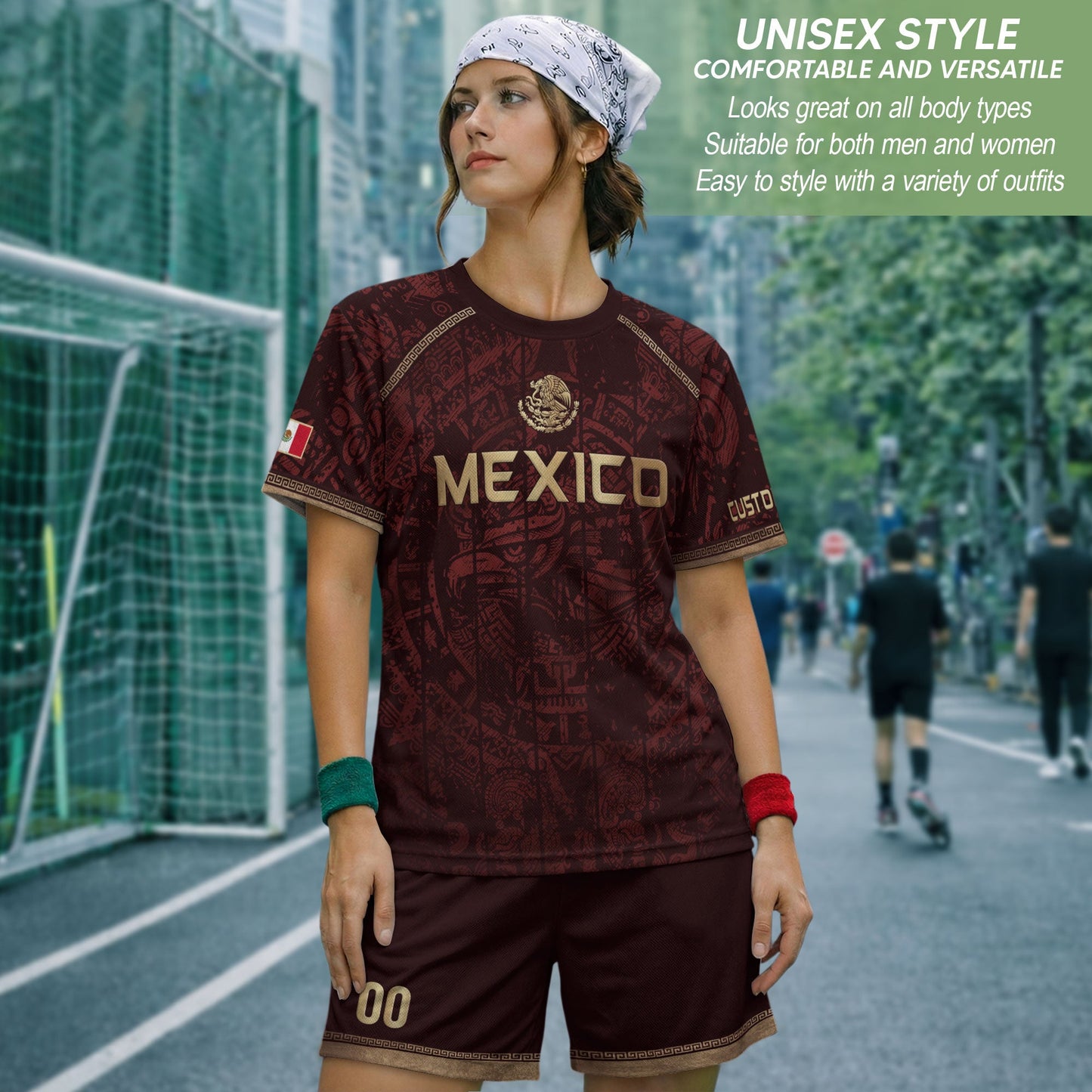 Personalized Mexico Soccer Jersey - Maroon Gold Aztec Calendar Heritage Football Shirt