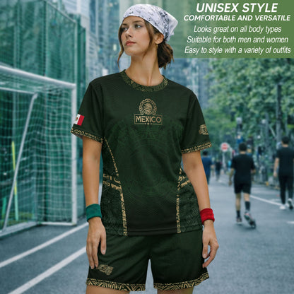Mexico Soccer Jersey Aztec Sun Calendar Green Gold Football Shirt Men Women